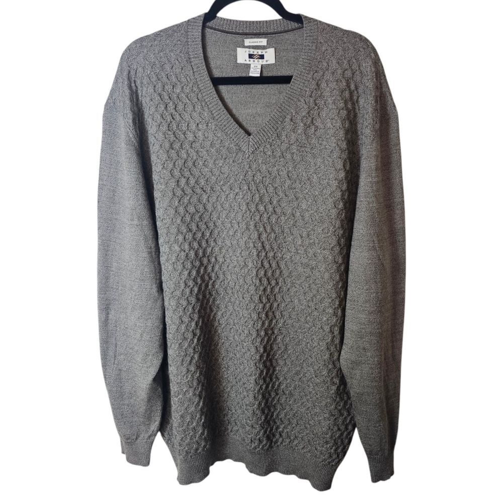 Joseph Abboud Men 2X Sweater Gray Merino Wool Blend V-Neck Textured Pullover